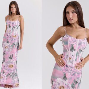 HOUSE OF CB 'Antonina' Pink Floral Corset Maxi Dress NWOT